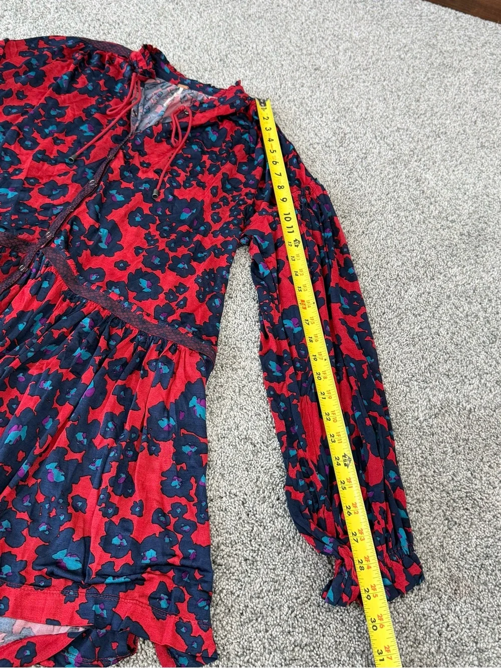 Free People Red Floral Print Button Front Mini Dress Boho Beach Oversize Size XS